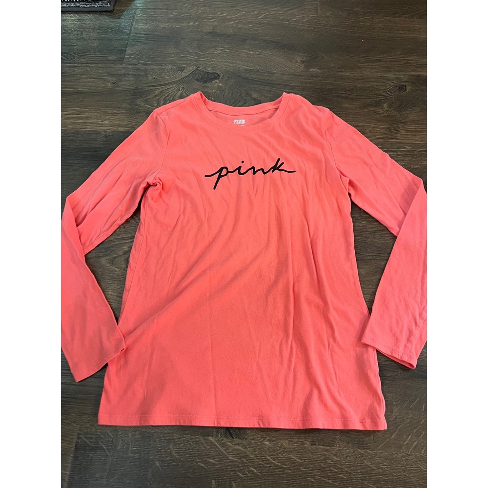Pink Victorias Secret Long Sleeve Tee Coral Script Logo Shirt Small